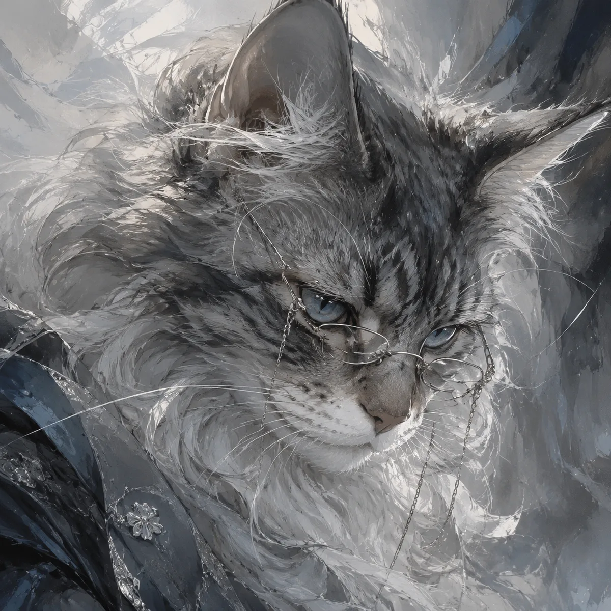 一幅极致厚涂的插画特写，聚焦于一只缅因猫的头部。画面以凌厉锋利的流线型笔触构建出强烈的动态与琉璃般的晶莹质感。猫咪拥有一张精致无瑕的面庞，蓝色瞳（冰蓝色）在垂眸间流泻出混合了张扬、冷酷、忧郁与高傲的复杂情绪。它一身蓬松的长毛被处理得极致细腻，凌乱而富有生命力的发束，一副银丝眼镜链随意垂落，与根根分明、锐利如刀的长睫毛相映成趣。整体色调为低饱和度，通过柔光与流体笔触的叠加，营造出一种既朦胧梦幻又充满锋利线条的视觉冲突，仿佛定格于现实与幻想的边界。杰作