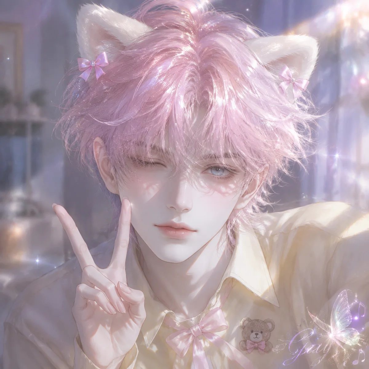 少年感男性，笔触+水粉质感，CG插画朦胧感，伪bjd面容，瞬间抓拍，高清画质，高细节，厌世脸，下颚线清晰，五官精致，冷白皮，清隽骨相，窄薄唇，唇色偏淡粉，浅粉色蓬松凌乱鲻鱼头，发丝飘逸带细碎珠光金粉，刘海微卷遮眼，超多发量，狭长细眼，病娇氛围 衣服：浅黄色上衣，翻领设计，胸前小熊刺绣徽章，浅粉色蝴蝶结装饰 背景：朦胧居家背景 镜头：半身特写 姿势：只眼俏皮 wink，另一只眼明亮有神，右手比耶 灯光：偏冷白调光侧打在人物脸上 备注：头顶有白色圆乎乎的猫耳（猫耳旁有小粉色的蝴蝶结）脸颊带着红晕，无辜的眼睛却带着算计，面无表情却眼神疯狂， 二次元拟真CG插画，3D精致厚涂绘画技法。OC专业渲染，融合超现实主义、油画美学与原始美学。原生手绘笔触清晰利落，画面自带细腻磨砂肌理。 大师级全局柔光，明暗对比层次立体鲜明。面部精准对焦，面部阴影过渡自然高级。人物周身柔和泛光，弥散粒子萦绕画面。 复古胶片电影质感，撕拉片与正负片成像效果。镜头暗角、柔光漏光、轻微长曝光动态模糊。双重曝光朦胧晕染，叠加胶片高噪点质感。画面点缀细碎星光细闪，淡彩通透干净。 发丝精细化刻画，根根分明莹润有光泽。五官细节饱满精致，衣身垂坠质感自然。动态抓拍自然瞬时姿态，画面情绪饱满。 肌肤白皙细腻通透，原生皮肤肌理写实，自带自然高光。整体清新明亮冷调，浪漫治愈。 极繁细节刻画搭配极简构图，层次丰富不杂乱。32K超高清分辨率，极致细节刻画，叶片脉络清晰可辨，色彩过渡自然柔和。 二次元通透质感，水彩柔和与动漫灵动平衡，兼具空灵清冷、梦幻怀旧、温柔宿命氛围感，顶尖插画水准。 不显示参考图原有发型、服饰、手持物，光源等。，右下角花体字签名Gay+翅膀+星星十音符。一只晶莹剔透七彩蝴蝶飞来落在签名上，洒落许多细小的闪光。