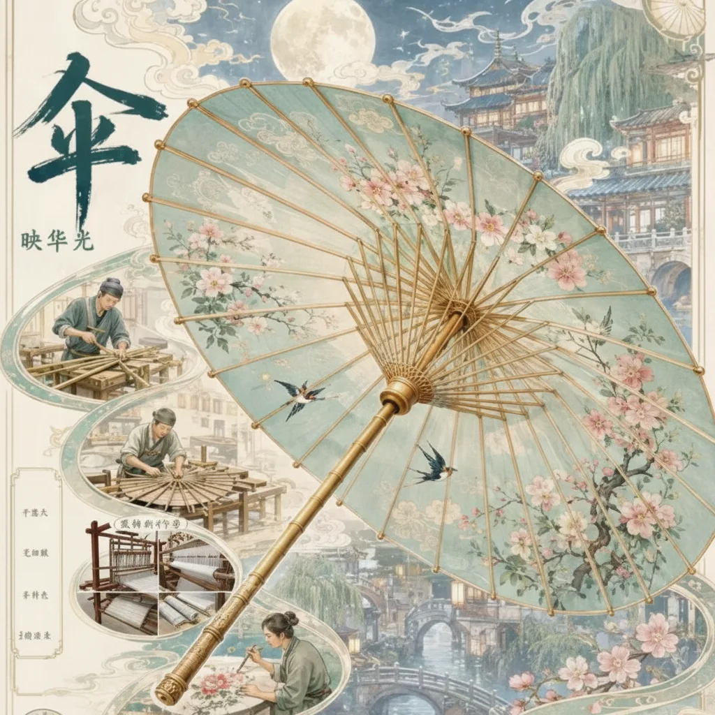 帮我把这张图，伞换成蜀锦布艺，左下角换成蜀锦制作的步骤