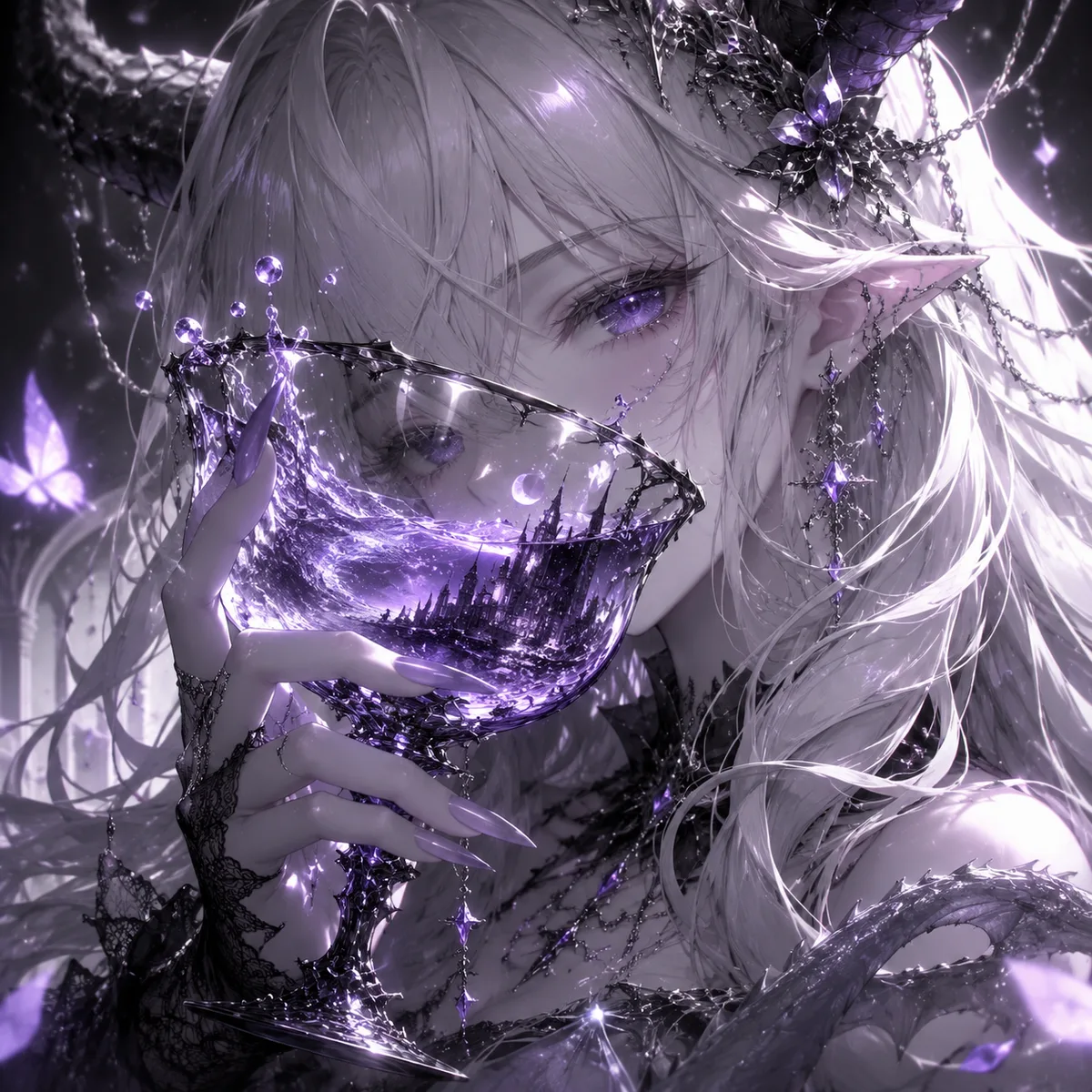 作为 
@Image1=萨勒芬妮
 绝对的主要参考资料。制作一幅 16：9 水平宽屏风格化插画，展示一张新的最终图像，基于
@Image1
背景简洁但带有梦幻效果，好像是公平且不合反应。图片 1 是黑白，只有一个颜色点缀。考虑是否有点缀色，或者用眼睛颜色作为点缀色。Image1 举着一副形状杂乱的眼镜，遮住了脸的下半部分，你仍然能透过玻璃看到他们的面部特征。随意挑选是左手还是右手举杯。如果图片 1 有尾巴，那也合理且有道理，尾巴也可以是支撑玻璃的那个。玻璃本身里面的液体含量是随机的，有时刚满到溢出来。液体内部有一个随机场景，对图片 1 来说是合理的，参考参考表中可能存在的主题。让 image1 摆在随机位置、姿势和摄像机角度，确保是 image1 的脸部特写和手中的玻璃杯。