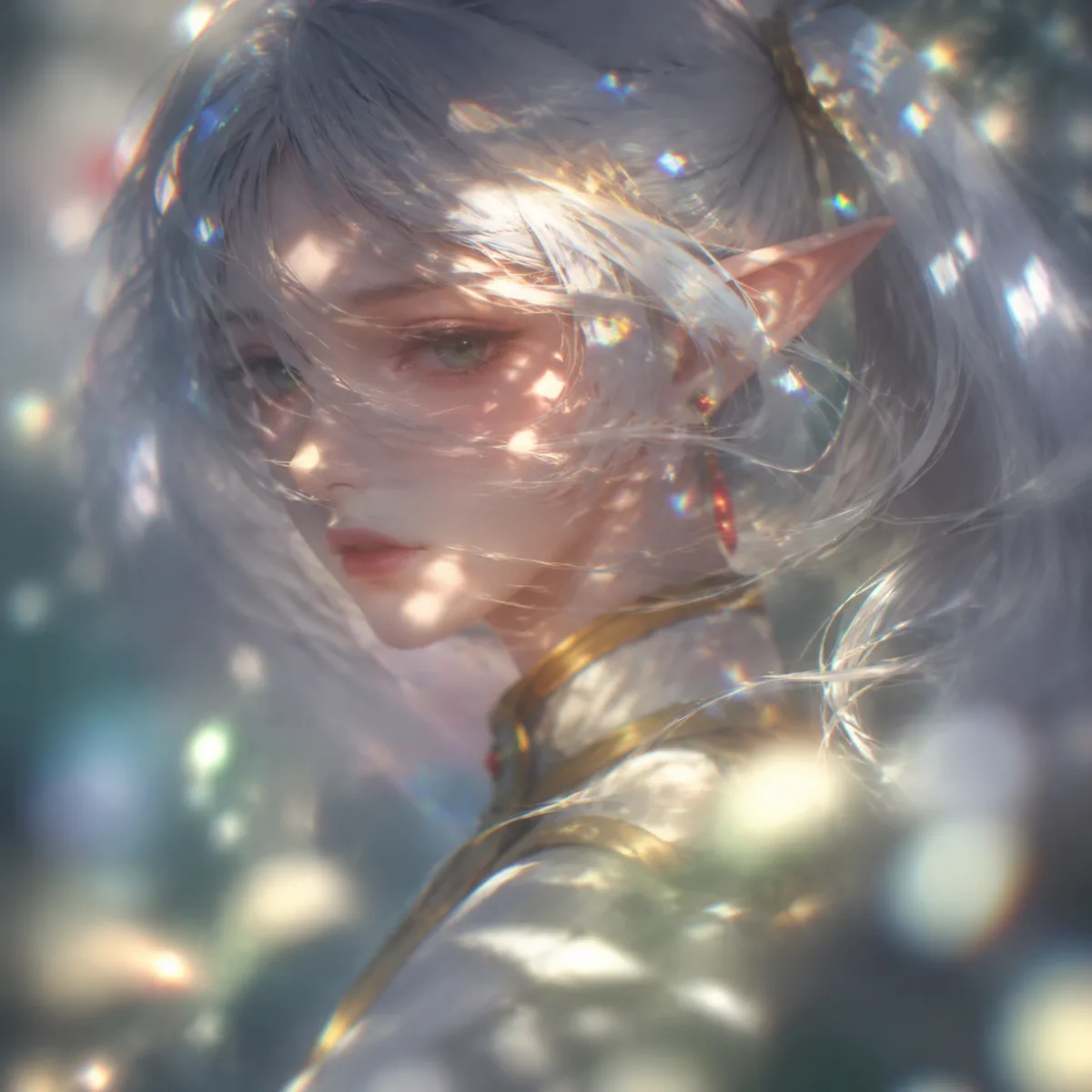 Reverse haze, diffused blur, soft focus, close-up shot of an ethereal and pure beautiful girl or boy inspired by the character Frieren from Frieren: Beyond Journey’s End. Blurred portrait and scenery, emphasizing the chaotic beauty of flowing dynamic hair. Extremely attractive appearance, dreamy and elusive atmosphere, Rembrandt lighting, high saturation, reflections and refractions, rich texture details, glowing bloom blur diffusion, low noise, subtle film grain texture, minimalist style, soft-focus aesthetics, emotional impressionism, avant-garde visual art aesthetics, cinematic luxury composition, masterpiece-level film aesthetics. CGI, Unreal Engine 5 rendering, Octane Render.